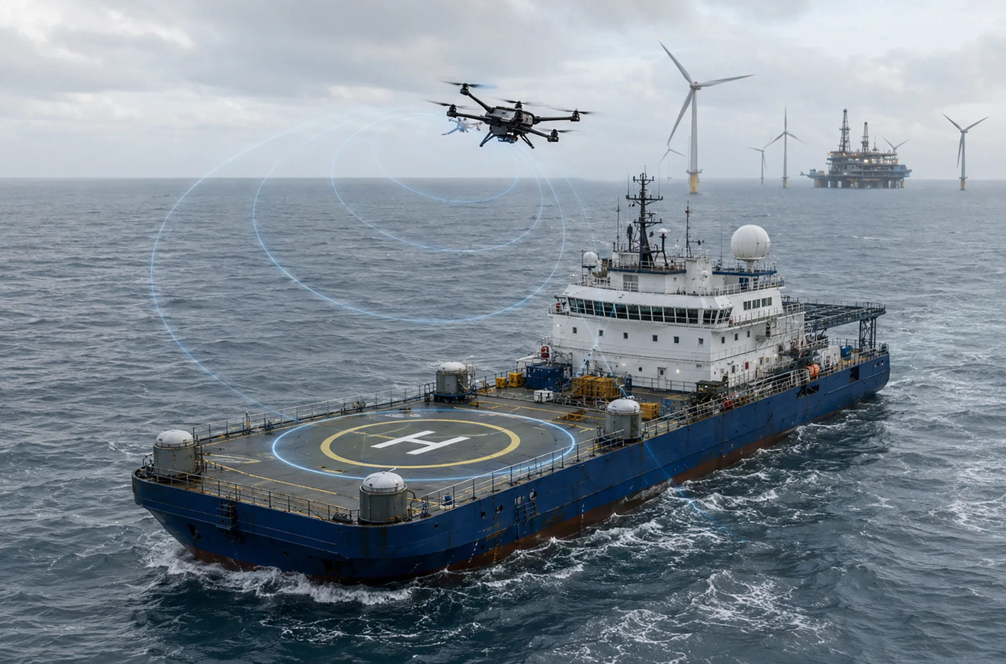 This AI-generated image shows a drone using radio positioning as a complementary navigation layer so its position remains stable and predictable for safer autonomous landing.